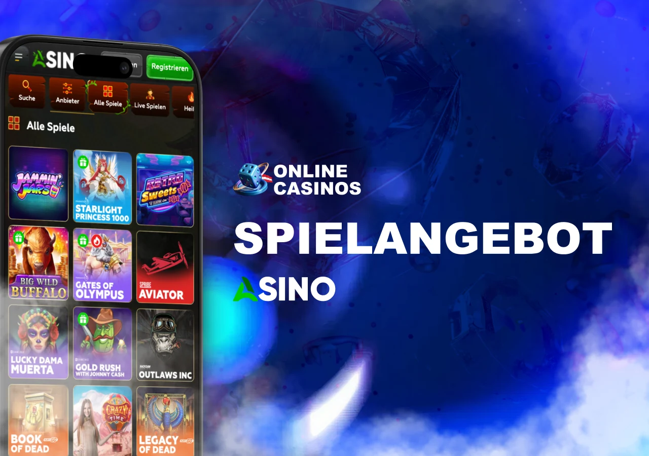 Spielauswahl bei Asino Casino mit Slots, Tischspielen und Live-Casino-Inhalten