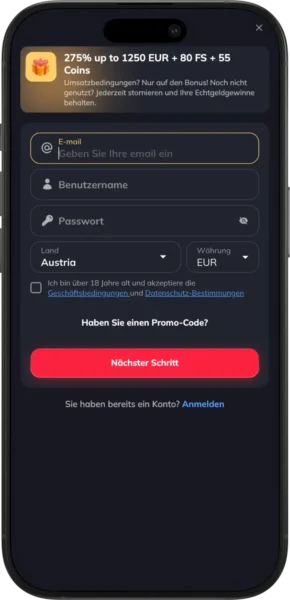 Spin Empire Casino Registrierungsseite